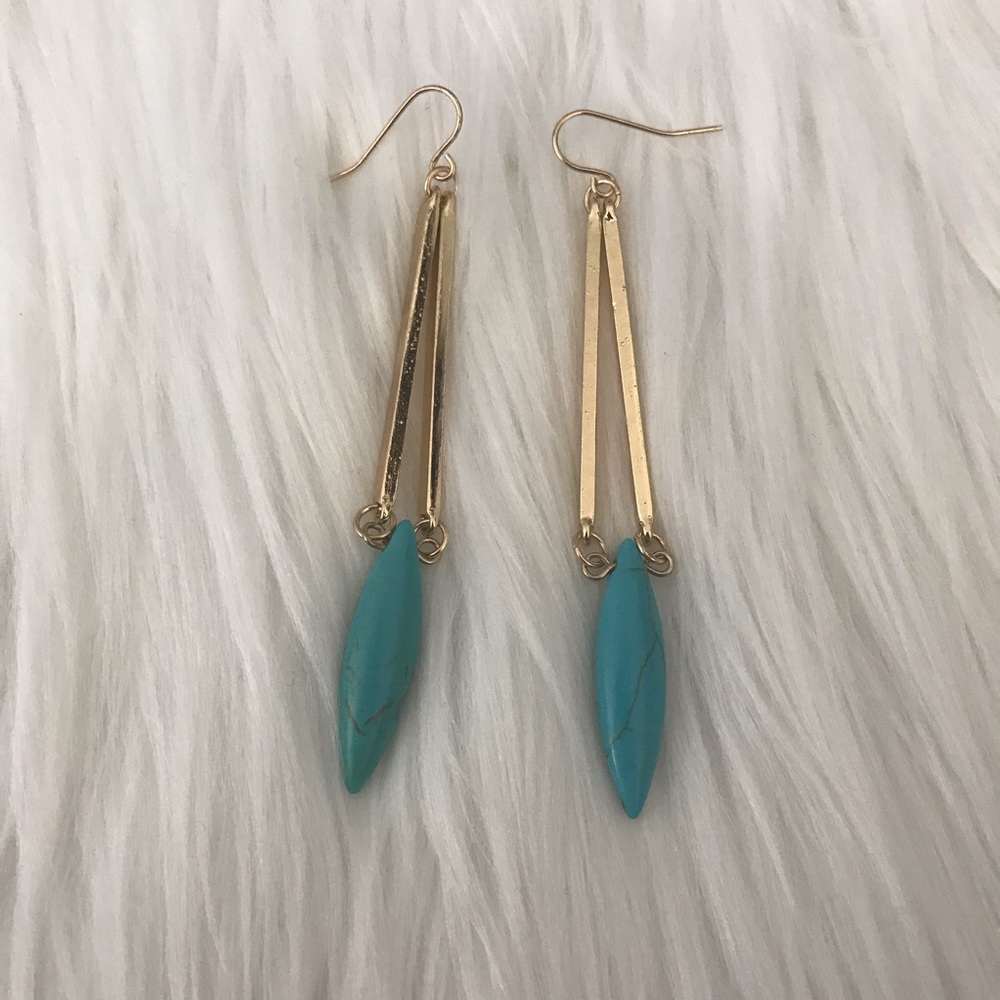 Turquoise Gold Tone Geometric Drop Dangle Earrings - Picture 6 of 7